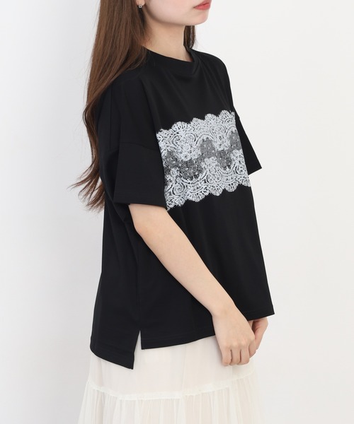 EGLANTINE(エグランティーヌ)の「EGLANTINE レース柄プリント半袖Tシャツ 日本製 ローズペトール(Tシャツ/カットソー・レディース・グレイッシュベージュ/サーモンピンク/ブラック/シルバーグレー/ブルーグリーン・38)」の10枚目の写真