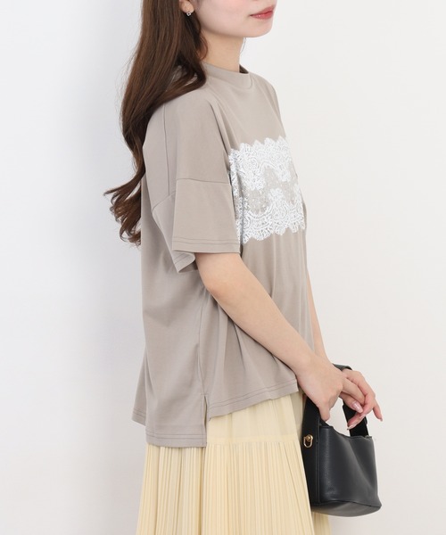 EGLANTINE(エグランティーヌ)の「EGLANTINE レース柄プリント半袖Tシャツ 日本製 ローズペトール(Tシャツ/カットソー・レディース・グレイッシュベージュ/サーモンピンク/ブラック/シルバーグレー/ブルーグリーン・38)」の22枚目の写真