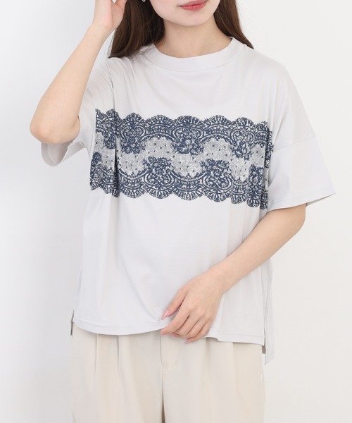 EGLANTINE(エグランティーヌ)の「EGLANTINE レース柄プリント半袖Tシャツ 日本製 ローズペトール(Tシャツ/カットソー・レディース・グレイッシュベージュ/サーモンピンク/ブラック/シルバーグレー/ブルーグリーン・38)」の13枚目の写真