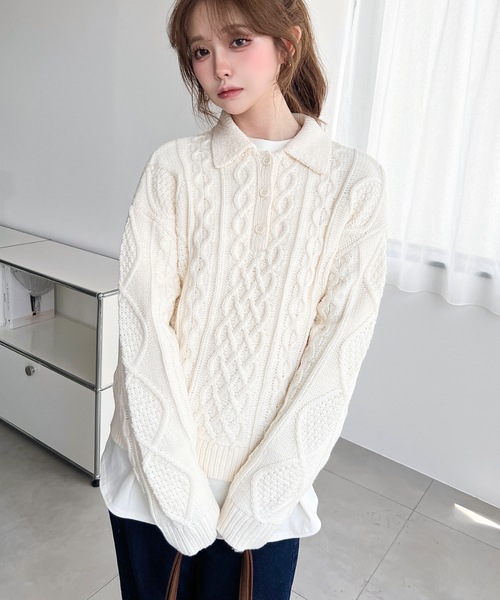 moment+(モーメントプラス)の「ケーブルヘンリーポロニットプルオーバー(ニット/セーター・レディース・杢グレー/ネイビー/アイボリー・M)」の6枚目の写真