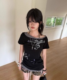 Y2K 衿&裾ドット柄配色 オフショルダー Tシャツ