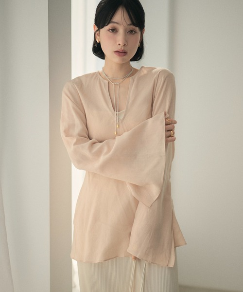 LAULEN（ローレン）の「ramie blend slit cuff flare blouse /ラミーブレンドフレアチュニックブラウス（シャツ/ブラウス・レディース・ピンク/ホワイト/ブラック・FREE）」の3枚目の写真