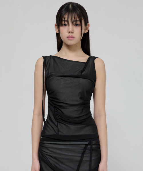 FLAREUP(フレアアップ)の「Draped Mesh Layered Sleeveless (FL-116_Black)(Tシャツ/カットソー・レディース・ブラック・1/2)」の1枚目の写真