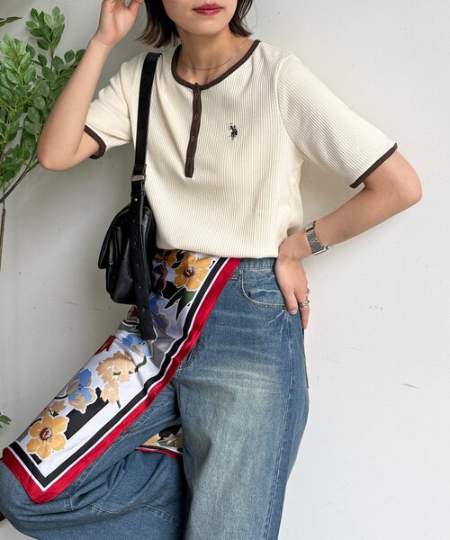 U.S. POLO ASSN.(ユーエスポロアッスン)の「ヘンリーネックリブ半袖T(Tシャツ/カットソー・レディース・ネイビー/ブラウン/アイボリー/ブラック/グレー・FREE)」の9枚目の写真