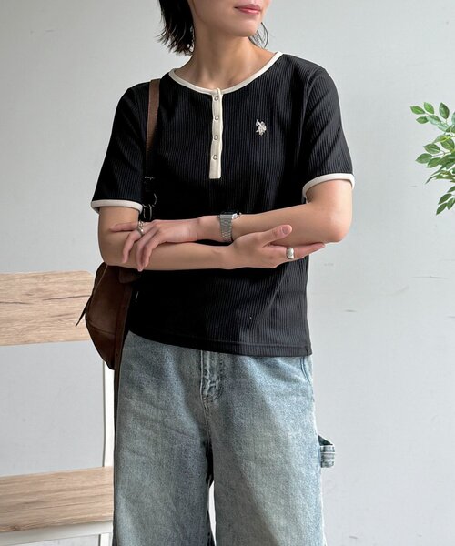 U.S. POLO ASSN.(ユーエスポロアッスン)の「ヘンリーネックリブ半袖T(Tシャツ/カットソー・レディース・ネイビー/ブラウン/アイボリー/ブラック/グレー・FREE)」の15枚目の写真