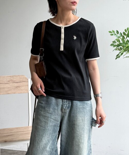 U.S. POLO ASSN.(ユーエスポロアッスン)の「ヘンリーネックリブ半袖T(Tシャツ/カットソー・レディース・ネイビー/ブラウン/アイボリー/ブラック/グレー・FREE)」の16枚目の写真