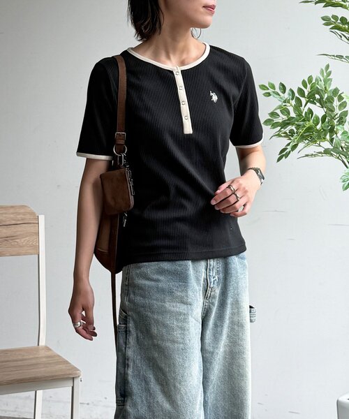 U.S. POLO ASSN.(ユーエスポロアッスン)の「ヘンリーネックリブ半袖T(Tシャツ/カットソー・レディース・ネイビー/ブラウン/アイボリー/ブラック/グレー・FREE)」の19枚目の写真