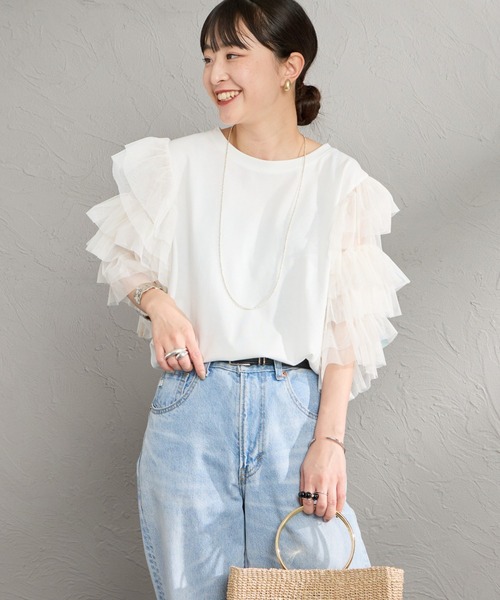 nenom（ネノム）の「[nenom/ネノム] 袖チュールドッキングショートスリーブＴシャツ（Tシャツ/カットソー・レディース・ブラック/チャコールグレー/オフホワイト・F）」の5枚目の写真