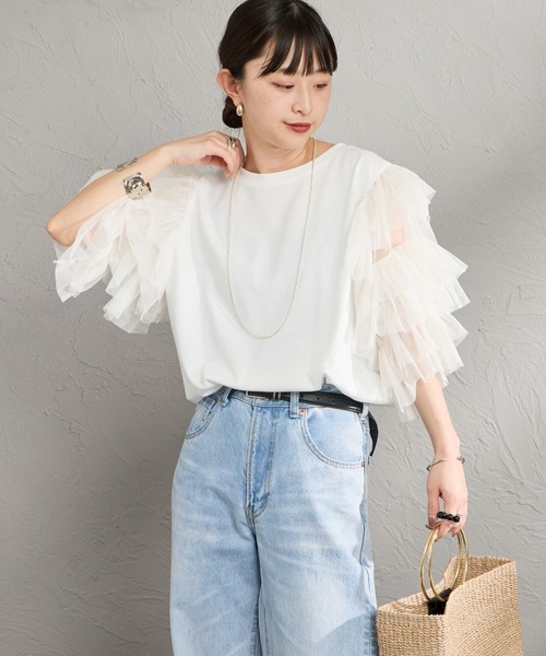 nenom（ネノム）の「[nenom/ネノム] 袖チュールドッキングショートスリーブＴシャツ（Tシャツ/カットソー・レディース・ブラック/チャコールグレー/オフホワイト・F）」の6枚目の写真