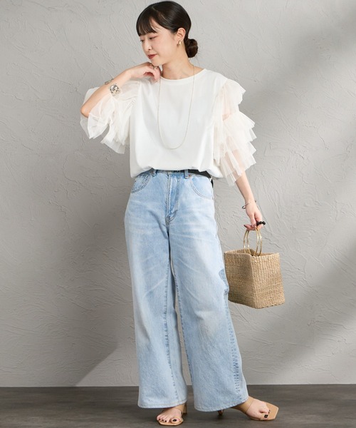 nenom（ネノム）の「[nenom/ネノム] 袖チュールドッキングショートスリーブＴシャツ（Tシャツ/カットソー・レディース・ブラック/チャコールグレー/オフホワイト・F）」の8枚目の写真