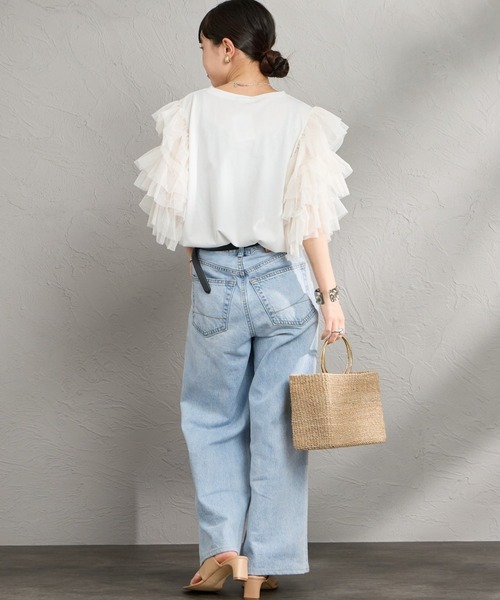 nenom（ネノム）の「[nenom/ネノム] 袖チュールドッキングショートスリーブＴシャツ（Tシャツ/カットソー・レディース・ブラック/チャコールグレー/オフホワイト・F）」の9枚目の写真