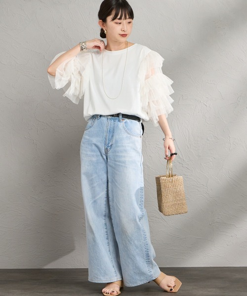 nenom（ネノム）の「[nenom/ネノム] 袖チュールドッキングショートスリーブＴシャツ（Tシャツ/カットソー・レディース・ブラック/チャコールグレー/オフホワイト・F）」の4枚目の写真