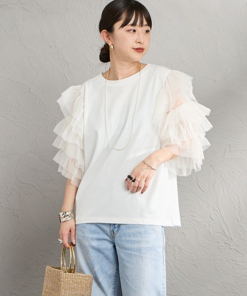 nenom（ネノム）の「[nenom/ネノム] 袖チュールドッキングショートスリーブＴシャツ（Tシャツ/カットソー・レディース・ブラック/チャコールグレー/オフホワイト・F）」の10枚目の写真