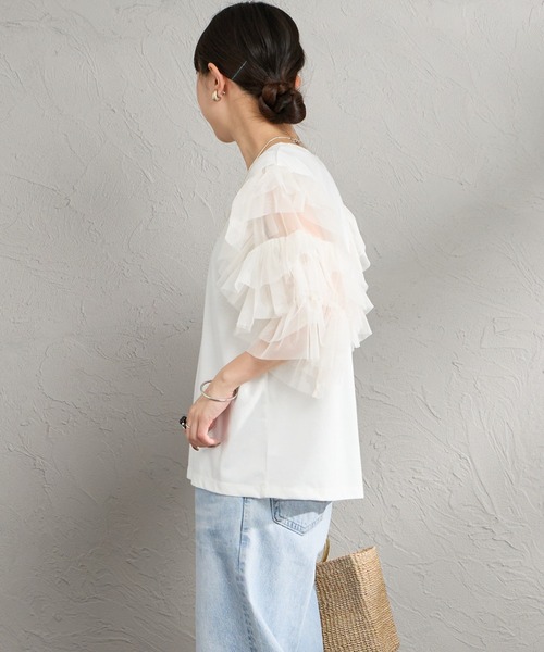 nenom（ネノム）の「[nenom/ネノム] 袖チュールドッキングショートスリーブＴシャツ（Tシャツ/カットソー・レディース・ブラック/チャコールグレー/オフホワイト・F）」の11枚目の写真