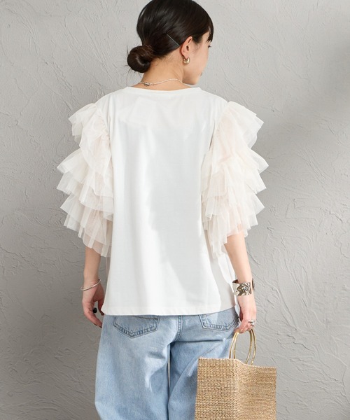 nenom（ネノム）の「[nenom/ネノム] 袖チュールドッキングショートスリーブＴシャツ（Tシャツ/カットソー・レディース・ブラック/チャコールグレー/オフホワイト・F）」の12枚目の写真