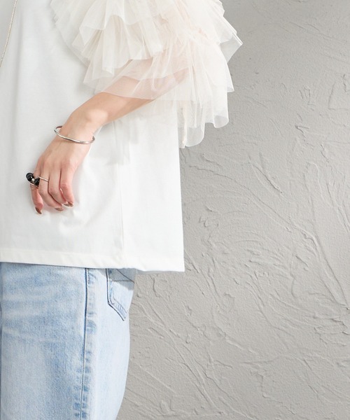 nenom（ネノム）の「[nenom/ネノム] 袖チュールドッキングショートスリーブＴシャツ（Tシャツ/カットソー・レディース・ブラック/チャコールグレー/オフホワイト・F）」の14枚目の写真