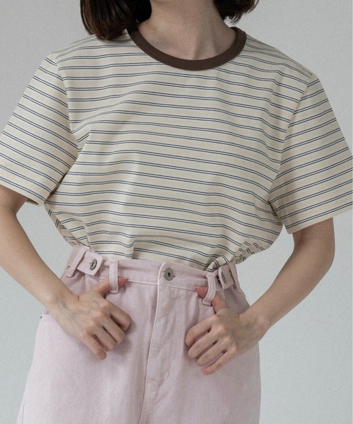 lawgy(ラウジー)の「bi color neck multi border t / バイカラーネックマルチボーダーt(Tシャツ/カットソー・レディース・グレー/クリーム・FREE)」の1枚目の写真