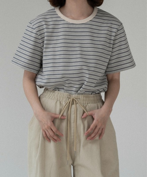 lawgy(ラウジー)の「bi color neck multi border t / バイカラーネックマルチボーダーt(Tシャツ/カットソー・レディース・グレー/クリーム・FREE)」の6枚目の写真