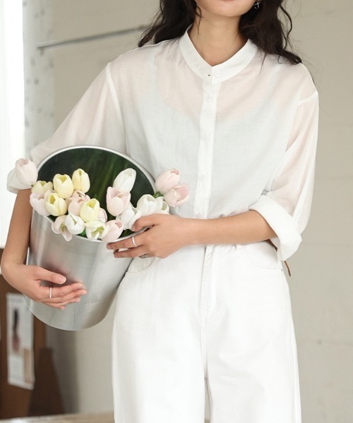 CHUN CHUN NOTES(チュンチュンノーツ)の「26SS/テンセルリネンバンドカラーシアーシャツ(シャツ/ブラウス・レディース・ネイビー/ホワイト/ピンク/ブルー・M)」の10枚目の写真