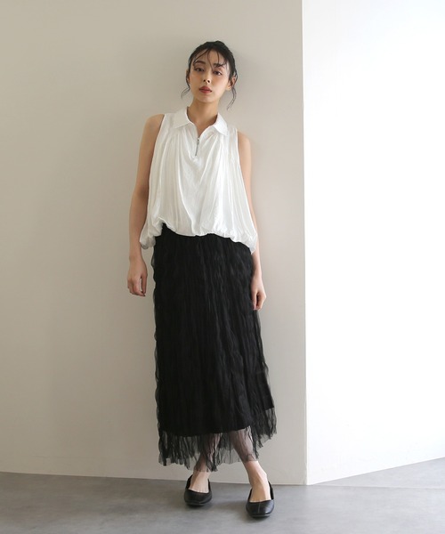No one knows（ノーワンノーズ）の「ZOZO限定 ノースリーブハーフジップギャザートップス（その他トップス・レディース・ホワイト/ブラック・FREE）」の5枚目の写真