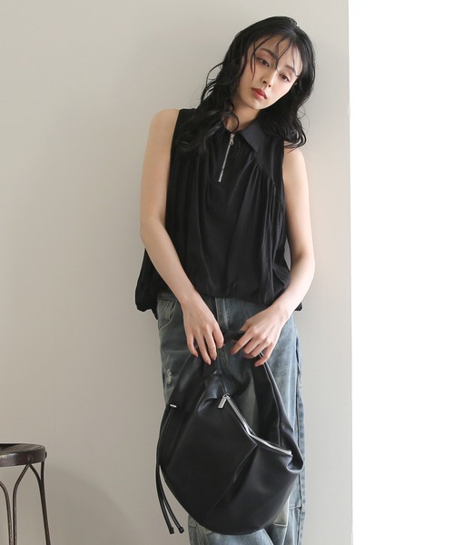 No one knows（ノーワンノーズ）の「ZOZO限定 ノースリーブハーフジップギャザートップス（その他トップス・レディース・ホワイト/ブラック・FREE）」の19枚目の写真