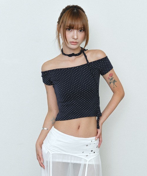 Midnight Move(ミッドナイトムーブ)の「A'GEM/9 × .kom 『MIDNIGHT MOVE/ミッドナイトムーブ』 off dot tee/オフドットトップス(Tシャツ/カットソー・レディース・ネイビー/ホワイト・FREE)」の8枚目の写真