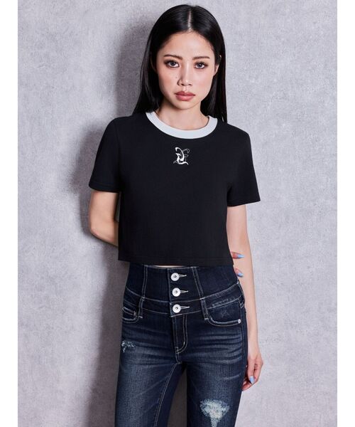GYDA(ジェイダ)の「Square gydaバイカラーショートTシャツ(Tシャツ/カットソー・レディース・ブラック/ライトブルー/オフホワイト/ピンク・FREE)」の9枚目の写真