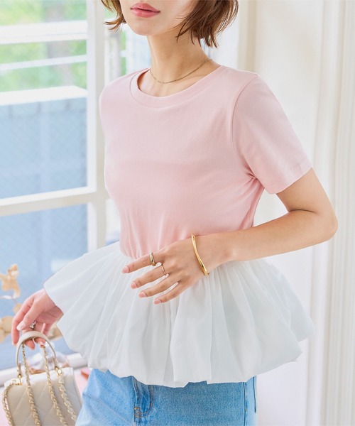 KOBE LETTUCE（コウベレタス）の「裾バルーンペプラムトップス（Tシャツ/カットソー・レディース・オフホワイト/ピンク/ホワイト×レッド/ブラック・M）」の21枚目の写真