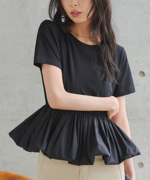KOBE LETTUCE（コウベレタス）の「裾バルーンペプラムトップス（Tシャツ/カットソー・レディース・オフホワイト/ピンク/ホワイト×レッド/ブラック・M）」の18枚目の写真