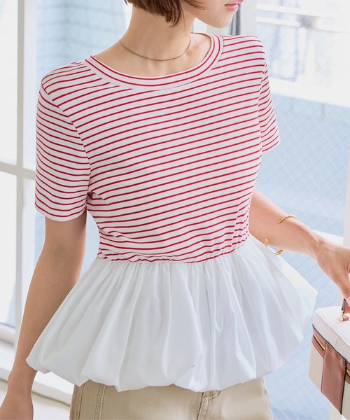 KOBE LETTUCE（コウベレタス）の「裾バルーンペプラムトップス（Tシャツ/カットソー・レディース・オフホワイト/ピンク/ホワイト×レッド/ブラック・M）」の12枚目の写真