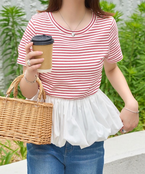 KOBE LETTUCE（コウベレタス）の「裾バルーンペプラムトップス（Tシャツ/カットソー・レディース・オフホワイト/ピンク/ホワイト×レッド/ブラック・M）」の9枚目の写真