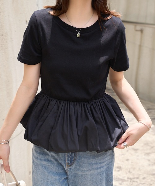 KOBE LETTUCE（コウベレタス）の「裾バルーンペプラムトップス（Tシャツ/カットソー・レディース・オフホワイト/ピンク/ホワイト×レッド/ブラック・M）」の14枚目の写真