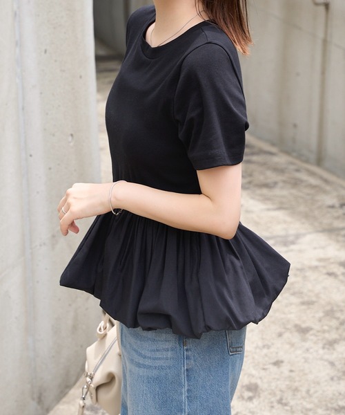 KOBE LETTUCE（コウベレタス）の「裾バルーンペプラムトップス（Tシャツ/カットソー・レディース・オフホワイト/ピンク/ホワイト×レッド/ブラック・M）」の15枚目の写真