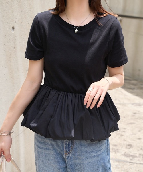 KOBE LETTUCE（コウベレタス）の「裾バルーンペプラムトップス（Tシャツ/カットソー・レディース・オフホワイト/ピンク/ホワイト×レッド/ブラック・M）」の16枚目の写真