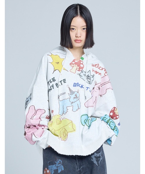 Little sunny bite(リトルサニーバイト)の「little sunny bite x Paula Grenouille doodle hoodie(パーカー・レディース・イエロー/ブルー/オートミール・SMALL/MEDIUM)」の2枚目の写真