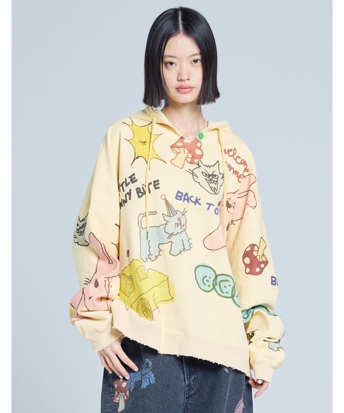 Little sunny bite(リトルサニーバイト)の「little sunny bite x Paula Grenouille doodle hoodie(パーカー・レディース・イエロー/ブルー/オートミール・SMALL/MEDIUM)」の1枚目の写真