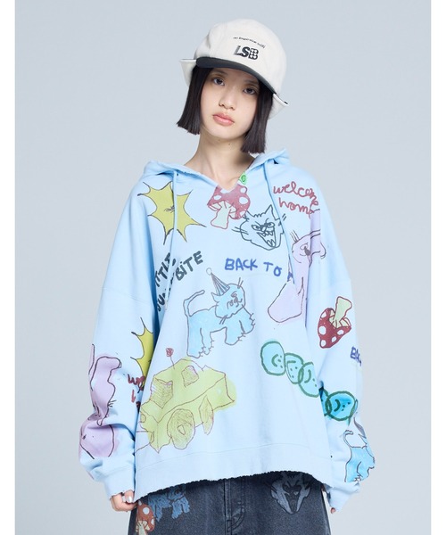 Little sunny bite(リトルサニーバイト)の「little sunny bite x Paula Grenouille doodle hoodie(パーカー・レディース・イエロー/ブルー/オートミール・SMALL/MEDIUM)」の3枚目の写真