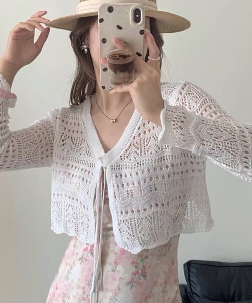 ampm（エーエムピーエム）の「透かし編みリボンショートカーディガン（カーディガン/ボレロ・レディース・ホワイト/ブラック・S/M）」の11枚目の写真