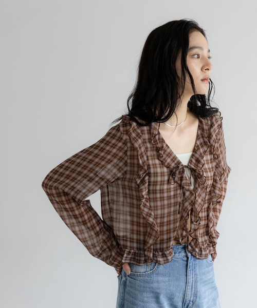 LOWRYS FARM(ローリーズファーム)の「チェックフリルブラウス 1049043(シャツ/ブラウス・レディース・レッド/ブラウン系その他5/ブラウン系その他・FREE)」の7枚目の写真