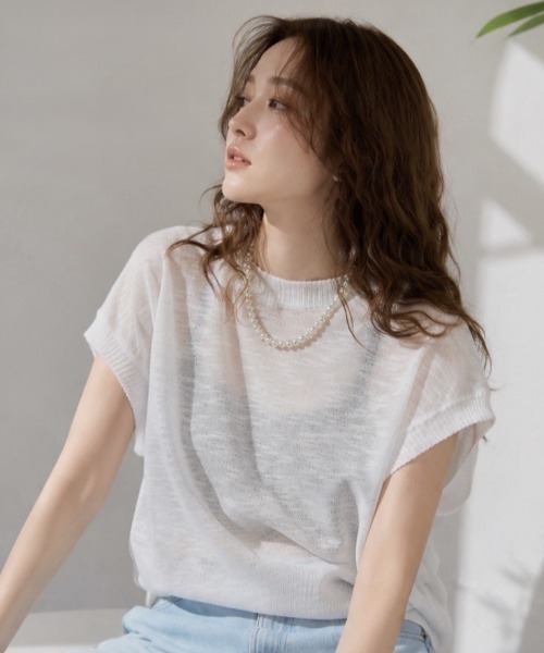 Dolce Fiora（ドルチェフィオラ）の「涼やかな透け感がおしゃれな、スラブシアー半袖ニット（ニット/セーター・レディース・ホワイト/ブラック/ブラウン・M）」の6枚目の写真