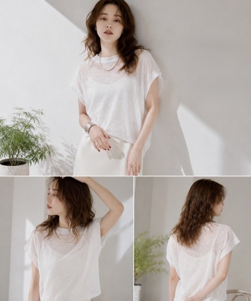 Dolce Fiora（ドルチェフィオラ）の「涼やかな透け感がおしゃれな、スラブシアー半袖ニット（ニット/セーター・レディース・ホワイト/ブラック/ブラウン・M）」の13枚目の写真