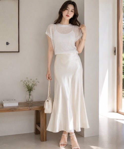 Dolce Fiora（ドルチェフィオラ）の「涼やかな透け感がおしゃれな、スラブシアー半袖ニット（ニット/セーター・レディース・ホワイト/ブラック/ブラウン・M）」の16枚目の写真