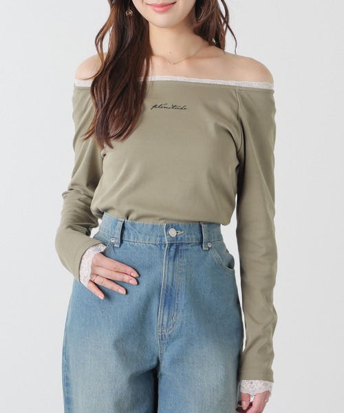 Honeys（ハニーズ）の「レース付オフショルトップス（Tシャツ/カットソー・レディース・カーキ/アイボリー/ピンク/スミクロ・L/M）」の3枚目の写真