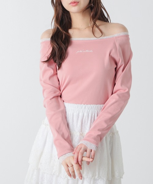 Honeys（ハニーズ）の「レース付オフショルトップス（Tシャツ/カットソー・レディース・カーキ/アイボリー/ピンク/スミクロ・L/M）」の4枚目の写真
