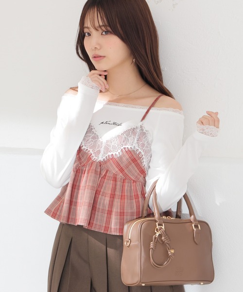 Honeys（ハニーズ）の「レース付オフショルトップス（Tシャツ/カットソー・レディース・カーキ/アイボリー/ピンク/スミクロ・L/M）」の7枚目の写真