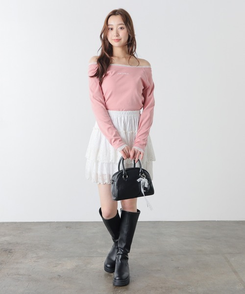 Honeys（ハニーズ）の「レース付オフショルトップス（Tシャツ/カットソー・レディース・カーキ/アイボリー/ピンク/スミクロ・L/M）」の10枚目の写真