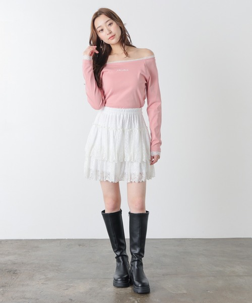 Honeys（ハニーズ）の「レース付オフショルトップス（Tシャツ/カットソー・レディース・カーキ/アイボリー/ピンク/スミクロ・L/M）」の11枚目の写真