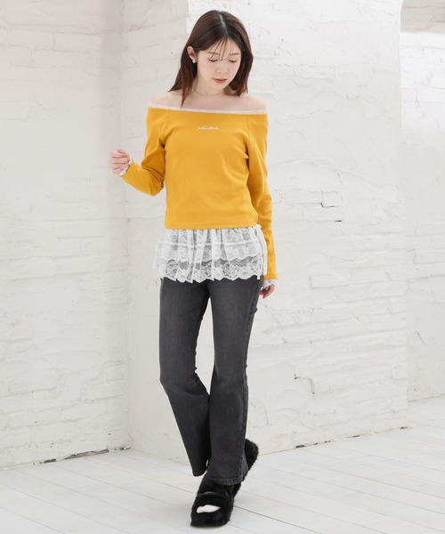 Honeys（ハニーズ）の「レース付オフショルトップス（Tシャツ/カットソー・レディース・カーキ/アイボリー/ピンク/スミクロ・L/M）」の13枚目の写真