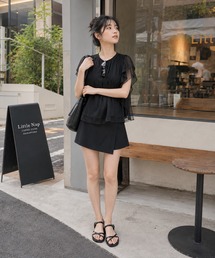 【KONVINI select】シアーラッフルフリルTシャツ 半袖 レイヤード風 フェミニントップス オフィスカジュアル