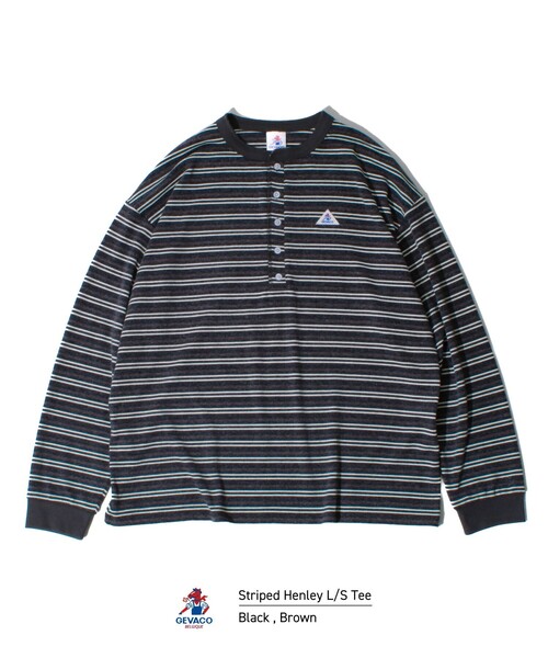 GEVACO(ゲバコ)の「【GEVACO/ゲバコ】ヘンリーネックボーダー ロングスリーブTシャツ(Tシャツ/カットソー・メンズ・ブラック系その他/ブラウン系その他・M/L)」の1枚目の写真